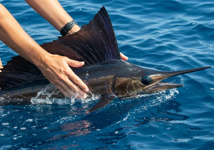 Conservation in action: Hands releasing a sailfish back into the ocean in Costa Rica.