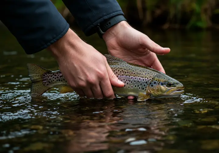 Catch and release of a wild trout in an Irish stream, highlighting conservation and sustainable practices in fly fishing.