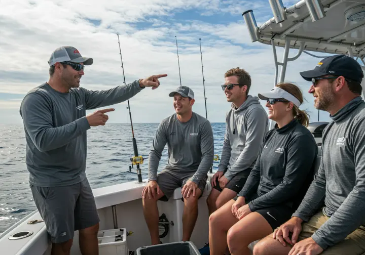 Selecting in shore fishing charters service: fishing charter captain interacting with anglers, providing guidance on a boat.