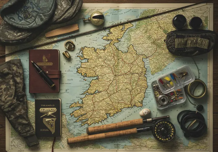 Essential fly fishing gear arranged on a map of Ireland, representing planning and preparation for a fishing trip.