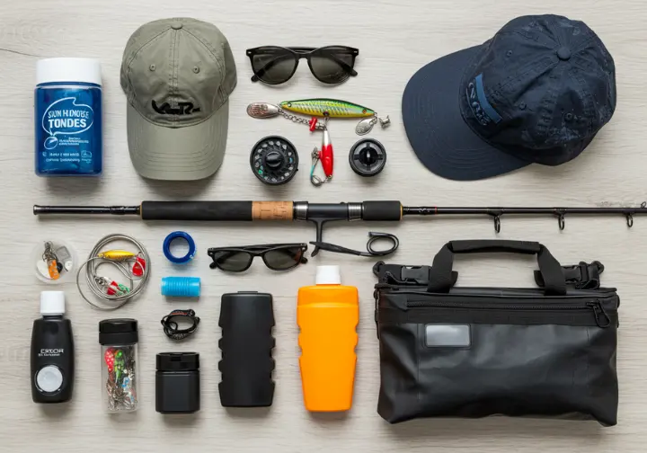 Essential gear for a deep sea fishing adventure in Costa Rica, including rod, reel, lures, and sun protection.