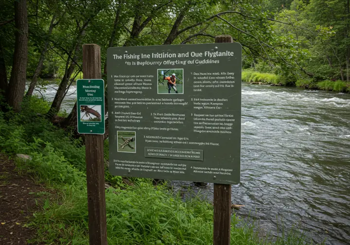 Conservation and fly-fishing etiquette: sign by a riverbank promoting responsible angling and environmental respect.