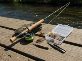Complete 2025 beginner fly fishing gear list including rod, reel, line, flies, and tools laid neatly on a riverside dock in bright daylight.
