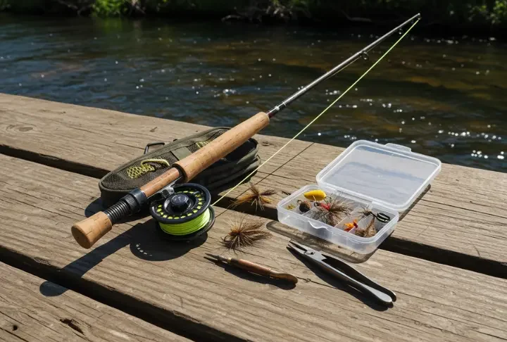 Complete 2025 beginner fly fishing gear list including rod, reel, line, flies, and tools laid neatly on a riverside dock in bright daylight.
