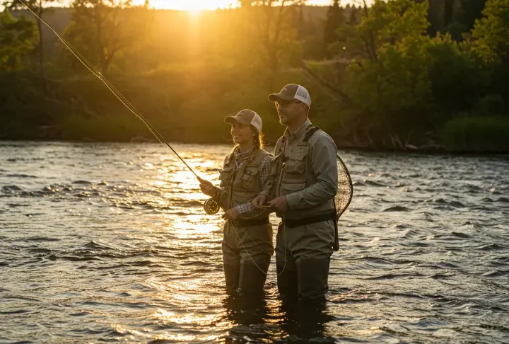 Man and woman fly fishing in a river at sunset, representing the basics of fly fishing in 2025.