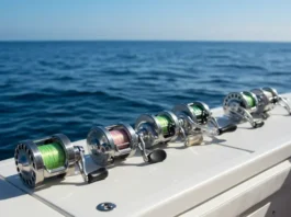 A selection of various high-quality offshore fishing reels displayed neatly on a boat deck under bright natural daylight.