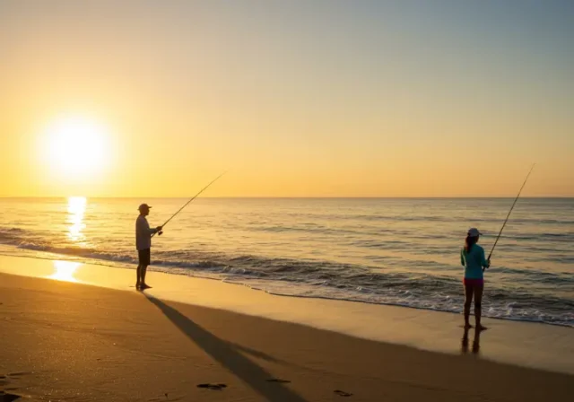 Man and woman surf fishing on a Costa Rican beach at sunrise, illustrating the expansive opportunities for anglers.