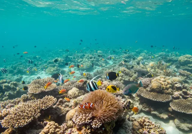 Diverse types of colorful fish swimming in a sunlit coral reef, representing the variety of fish species.