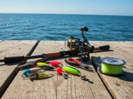 Premium saltwater fishing rod, reel, lures, and line displayed on a sunny pier, symbolizing unlocking tackle secrets for mastering saltwater fishing.