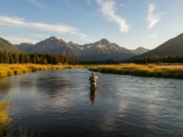 Angler fly fishing in a scenic Montana river valley during golden hour, suggesting the best times for fishing.