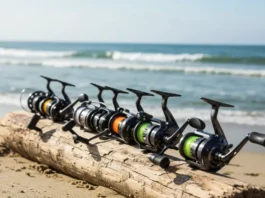 A selection of top surf fishing reels, including spinning and conventional models, displayed on driftwood at the beach under sunny conditions.