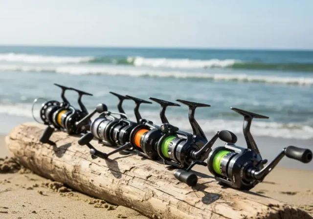 A selection of top surf fishing reels, including spinning and conventional models, displayed on driftwood at the beach under sunny conditions.