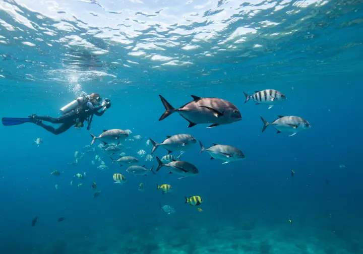 Scuba diver's view of diverse fish species in the clear blue Atlantic Ocean.