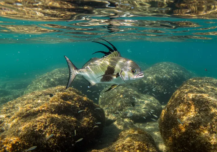 Underwater view of a large roosterfish swimming near sunlit rocks in shallow, clear inshore waters, illustrating its natural habitat and predatory behavior.