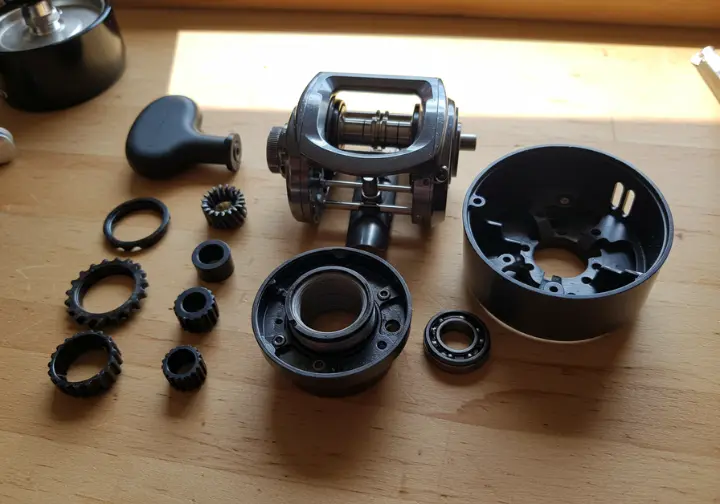 Internal components of a disassembled surf fishing reel laid out on a workbench, showing gears and drag system for understanding reel mechanics.