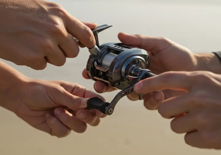 Close-up of hands adjusting a spinning fishing reel, illustrating a guide to selecting the right reel for surf fishing.