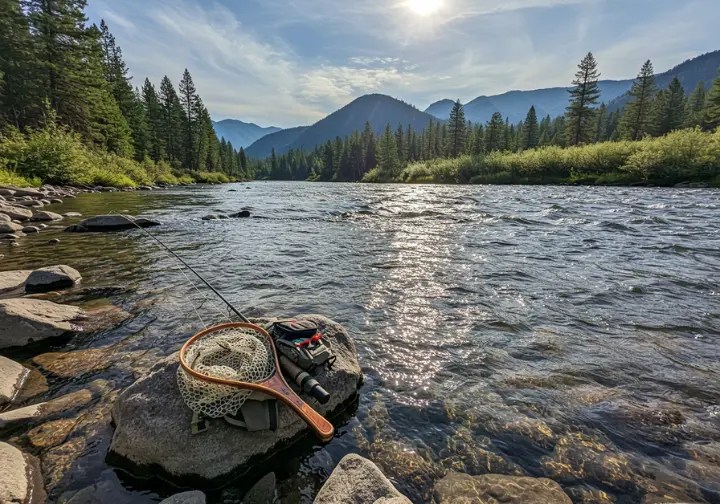 A scenic river view with fly fishing gear, illustrating the core essentials of fly fishing.