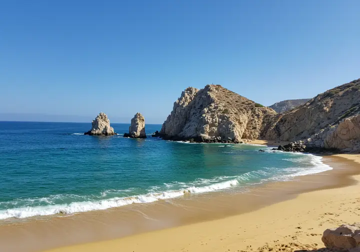 A scenic Cabo San Lucas coastline under bright daylight showing a rocky point meeting a sandy beach, representing a prime location for finding roosterfish.