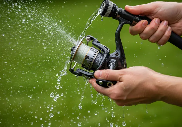 Hands rinsing a surf fishing reel with fresh water after use to demonstrate proper reel maintenance and cleaning.