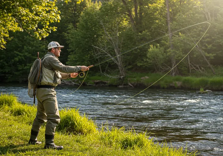 Side view of a man and woman fly fishing, demonstrating casting techniques.