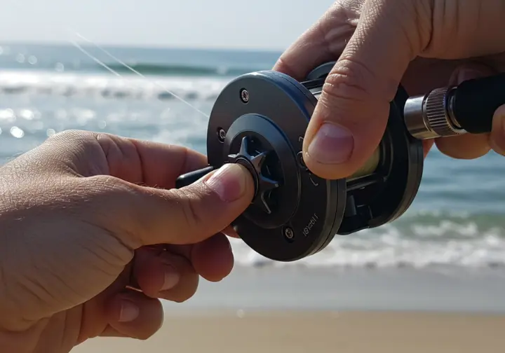 Close-up of a hand adjusting the drag setting on a conventional surf fishing reel, illustrating mastering reel techniques.