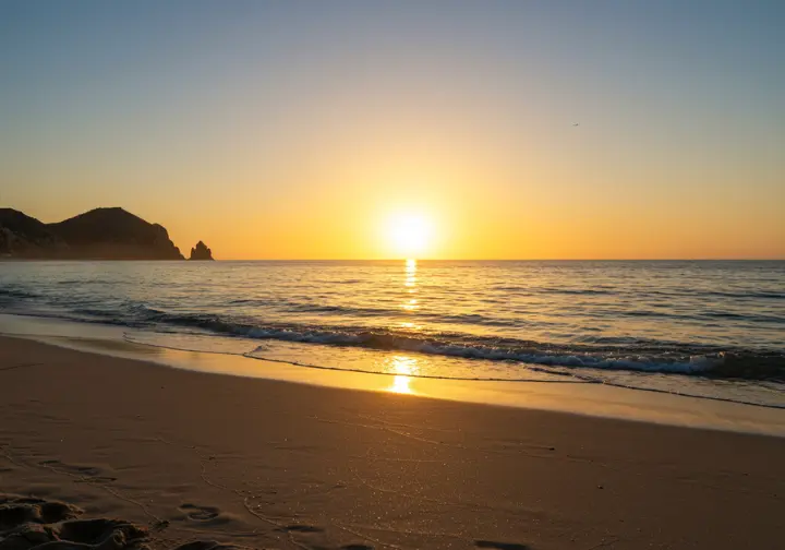 Early morning golden hour light illuminates a calm Cabo San Lucas beach and surf, representing the optimal timing for roosterfish fishing.