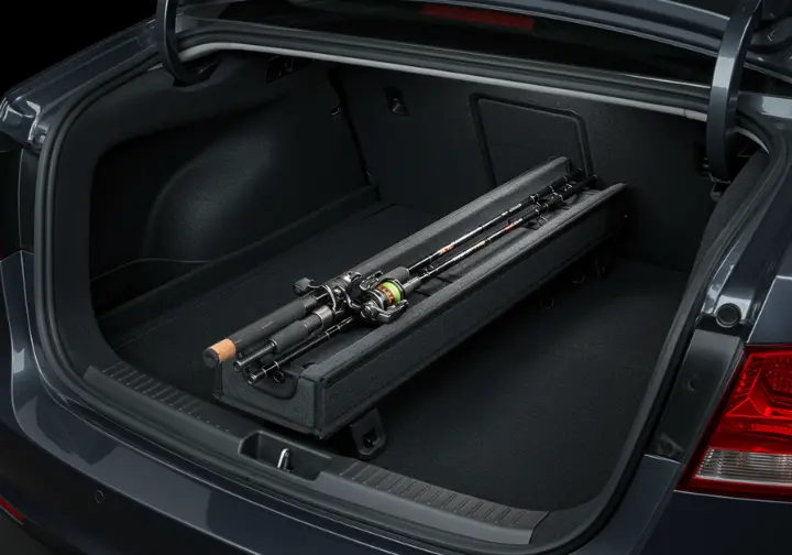 Fishing rod secured in vehicle with bungee cord.