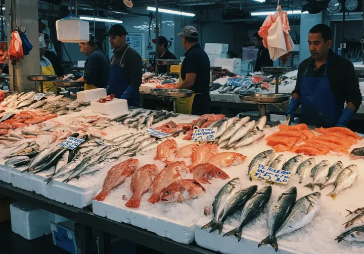 Busy sunlit fish market with diverse vendors and customers inspecting a variety of fresh fish on display, representing fish in human life.