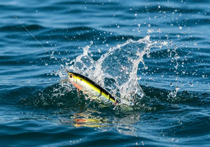 A large surface popper lure splashing dynamically on clear blue water under bright daylight, demonstrating a key roosterfish fishing technique.