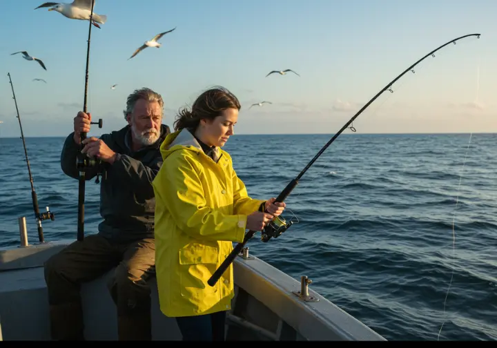 fishing on a boat in the Atlantic Ocean, capturing the excitement of recreational fishing.