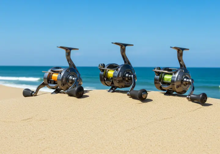 Selection of top-rated surf casting spinning reels in various sizes displayed on a sand dune with the ocean in the background.