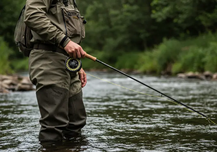 A fly fisher with modern, sustainable gear in a pristine river, representing 2025 fly fishing trends.