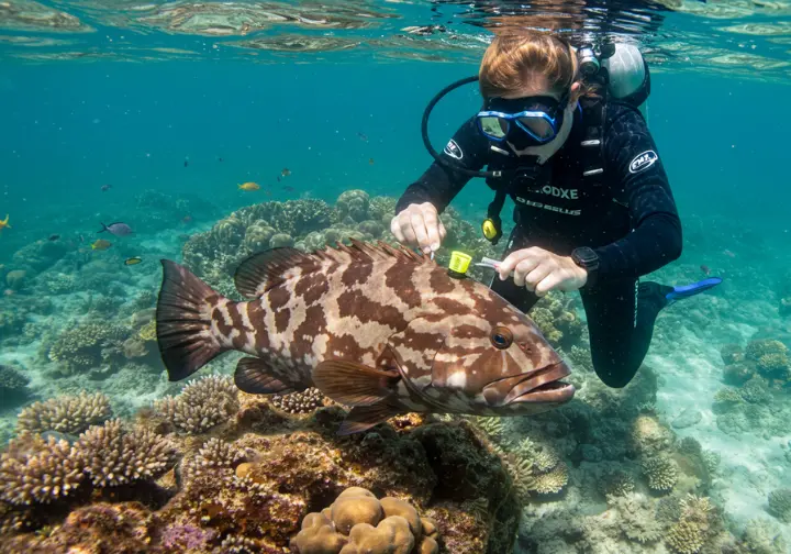 Marine biologist tagging a grouper fish underwater near a coral reef in sunlit conditions, representing aquatic life conservation efforts.