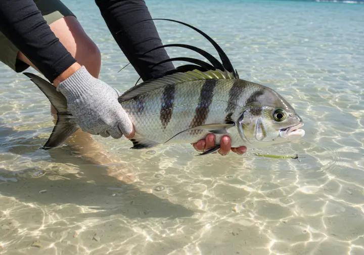 Careful handling of a large roosterfish in shallow, clear water, representing responsible angling practices and catch-and-release ethics in Cabo.