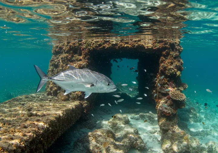 Predatory jack fish chasing smaller baitfish near a sunlit coral reef, demonstrating the importance of fish in the aquatic food web ecosystem role.