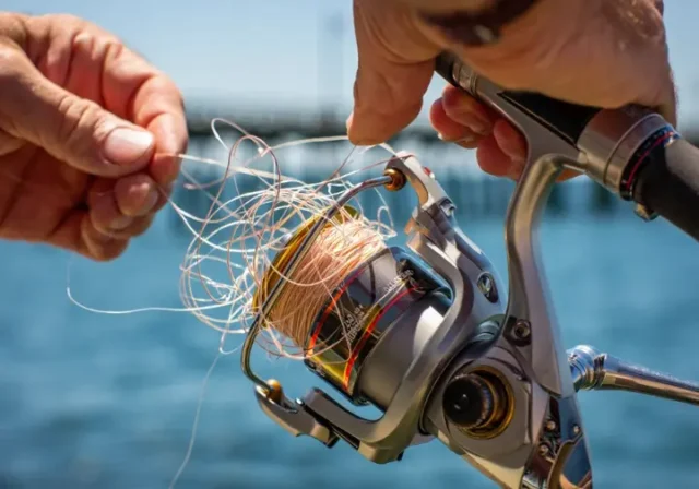Beginner angler's hands untangling fishing line on a reel, illustrating common mistakes to avoid with saltwater starter kits.