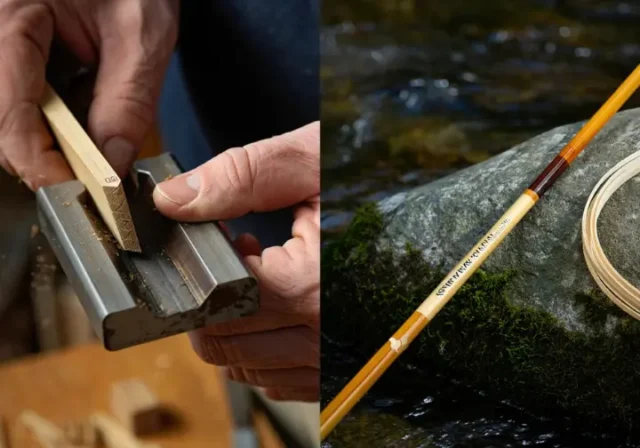 Split image comparing the process of building versus owning/using a classic bamboo fly rod.