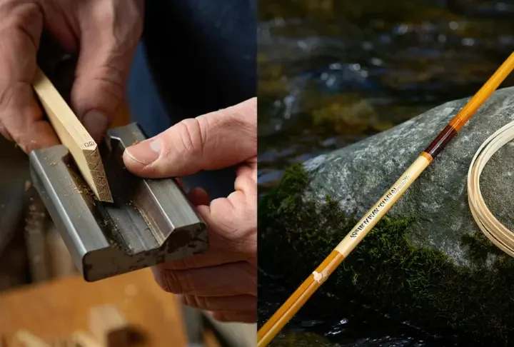 Split image comparing the process of building versus owning/using a classic bamboo fly rod.