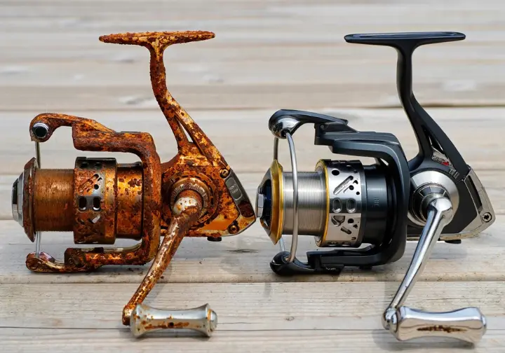 Comparison showing a corroded freshwater reel versus a clean, durable saltwater fishing reel, highlighting saltwater gear needs.