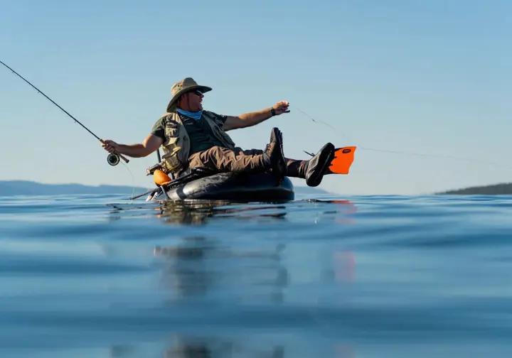 Angler demonstrating float tube fishing techniques by actively propelling backward with fins while casting forward.