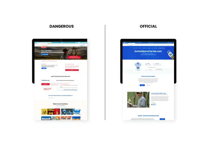 Comparison showing red flags on a fake fishing license scam website versus the secure interface of a legitimate official state portal.