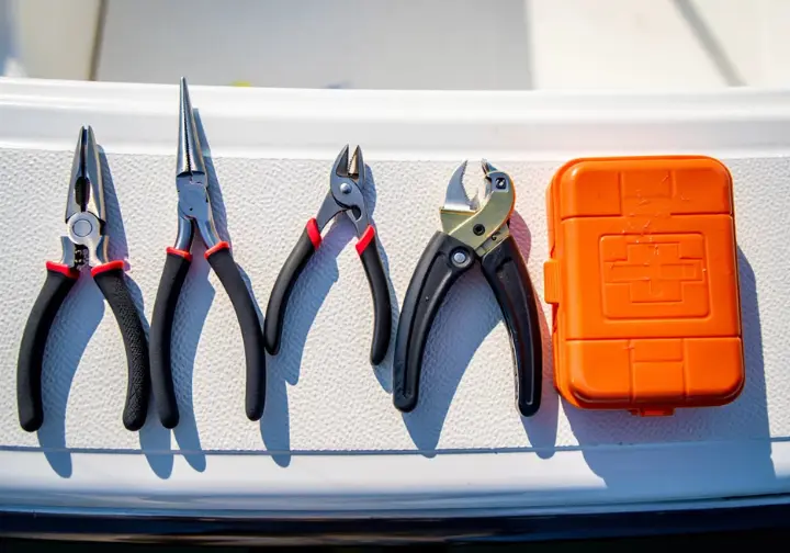 Essential saltwater fishing tools and safety items displayed: pliers, braid cutters, fish gripper, and a first-aid kit.