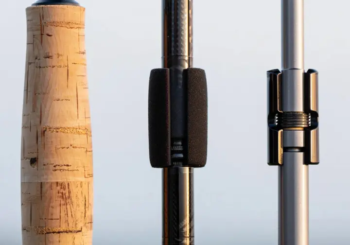 Comparison of fishing rod handle and grip components: full cork grip, EVA split grip, and graphite reel seat.