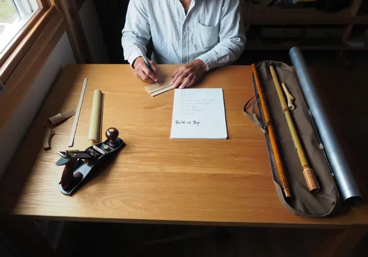 Person thoughtfully contemplating the final decision between building their own bamboo fly rod versus buying a finished one.