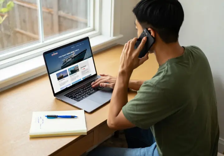 Angler asking clarifying questions on the phone while viewing a fishing charter website on a laptop before booking the trip.
