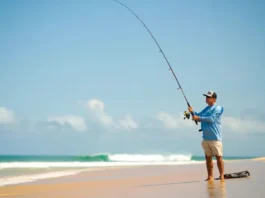 Confident surf angler holding the best surf fishing rod of 2025 on a sunny beach.