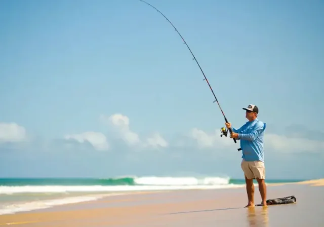 Confident surf angler holding the best surf fishing rod of 2025 on a sunny beach.