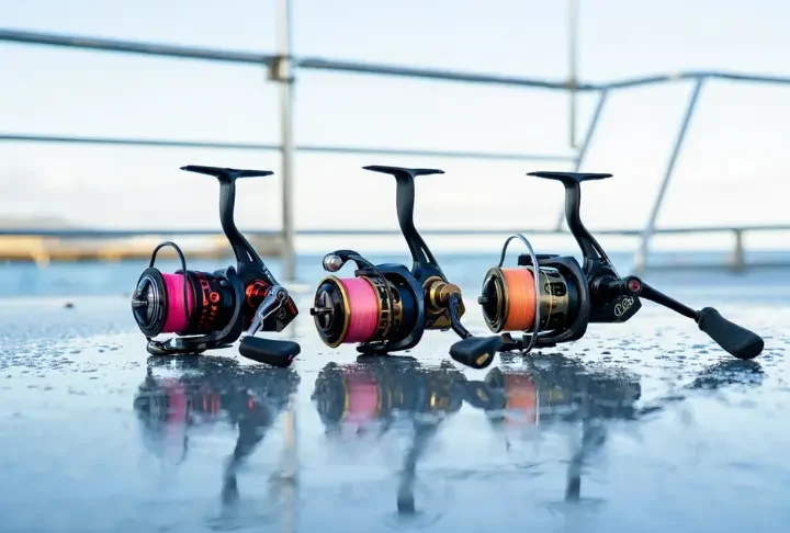 Three top-tested sealed saltwater spinning reels displayed on a wet boat deck, highlighting robust designs.