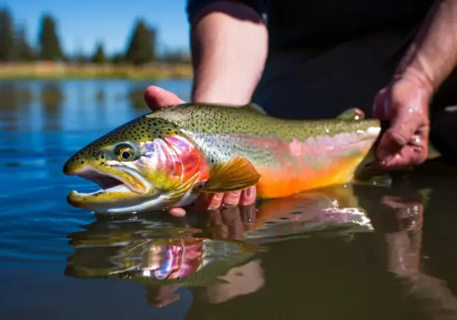 Angler releasing a healthy trout back into a clear lake, illustrating secrets for catching trout with lures and bait.