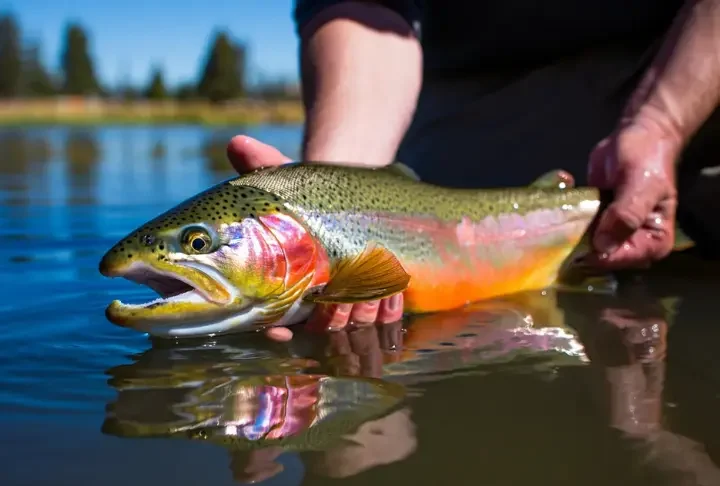Angler releasing a healthy trout back into a clear lake, illustrating secrets for catching trout with lures and bait.